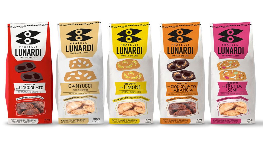5 packs of Fratelli Lunardi's biscuits, 5 flavors: chocolate, almonds, lemon, chocolate & orange and fruits and seeds