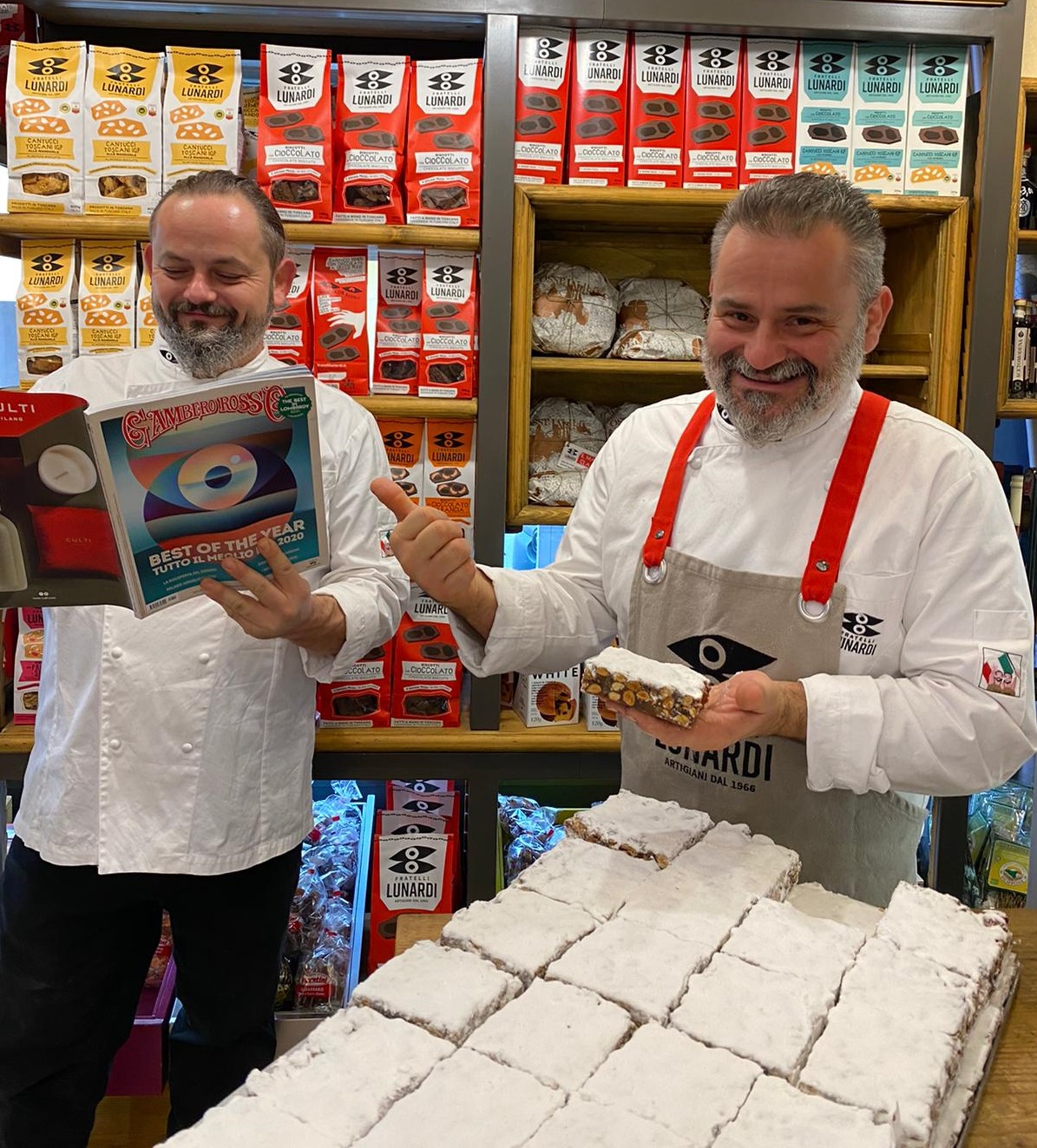 Massimiliano and Riccardo Lunardi reading Gambero Rosso in their Bakery